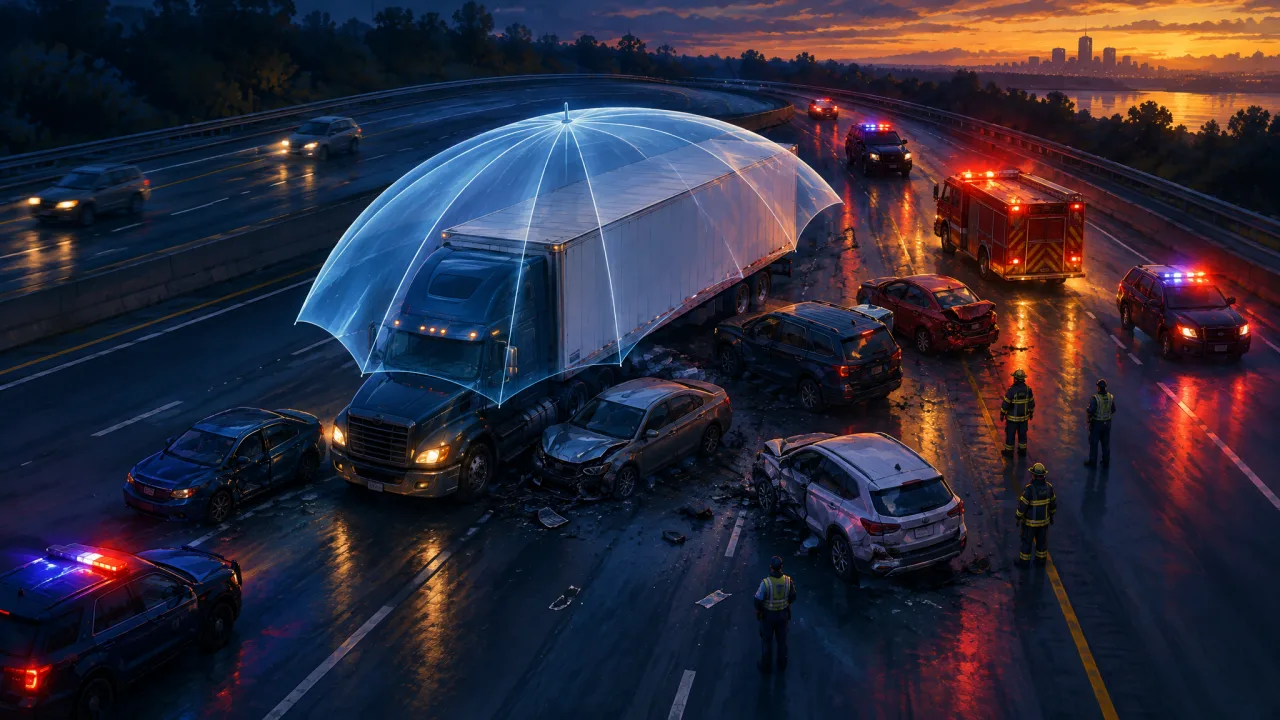Multi-vehicle freeway crash at dusk with a semi-truck under a translucent umbrella too small to cover the damaged cars around it