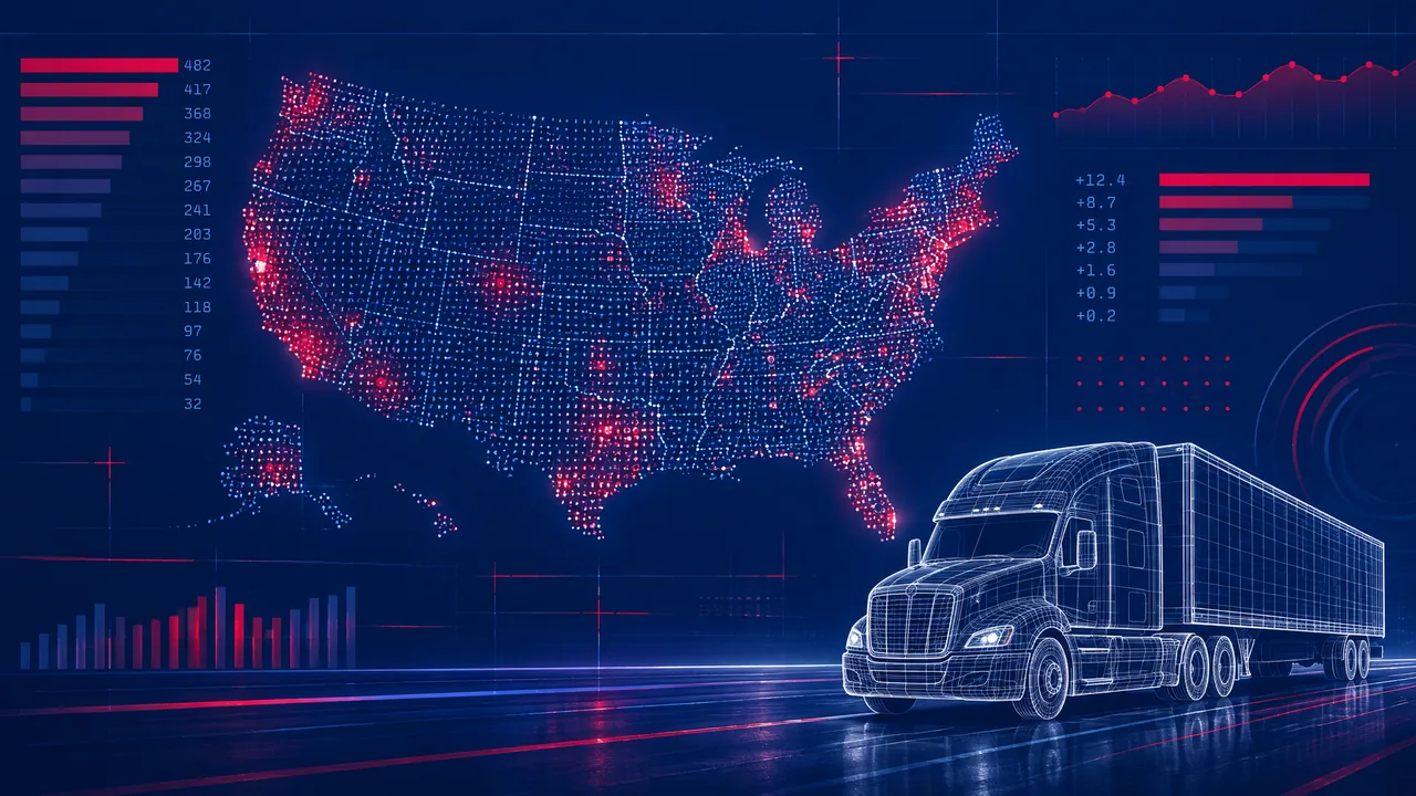 Stylized US map at dusk with faint tractor-trailer silhouettes and highlighted interstate corridors, editorial data-visualization aesthetic