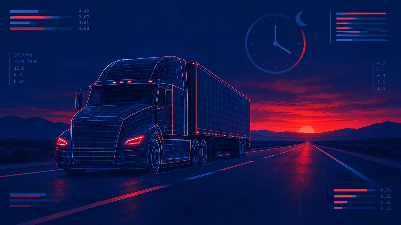 Semi-truck cab interior at night with a glowing dashboard and long-exposure highway light trails through the windshield, editorial mood