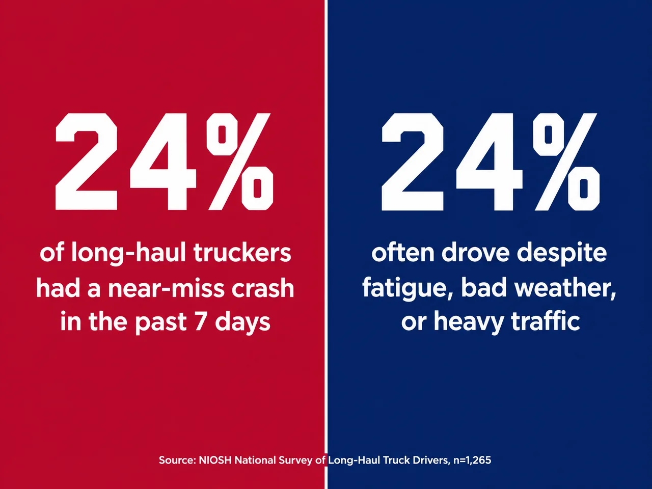 Twin stat callout cards showing 24 percent of long-haul drivers reporting a near-miss in the past 7 days and 24 percent who continued driving despite fatigue
