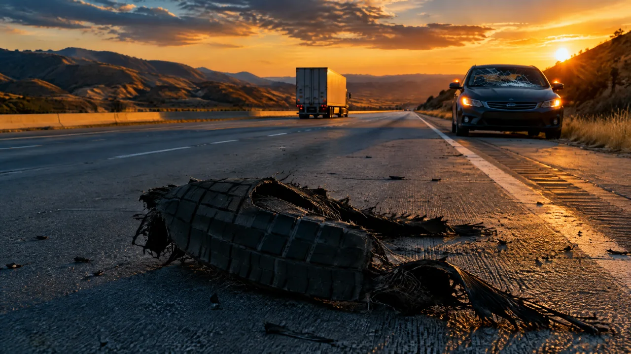 Shredded semi-truck tire tread in a California freeway lane at sunset, a car with a cracked windshield stopped on the shoulder, and a tractor-trailer driving away