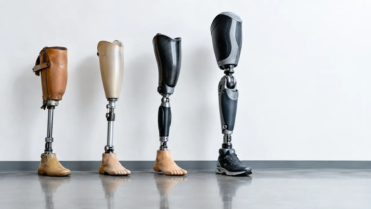 Row of prosthetic legs of different generations lined up against a clinic wall