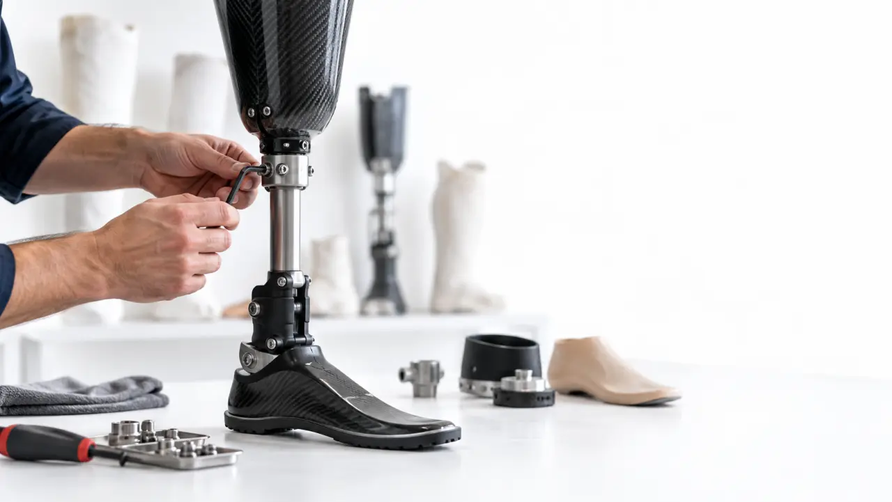 Prosthetist adjusting a modern prosthetic leg on a workbench