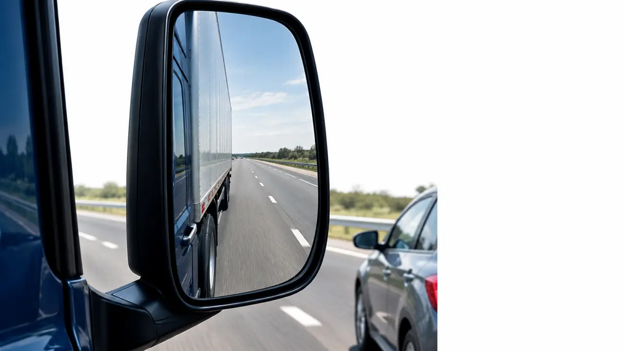 Truck side mirror reflecting a highway lane with a small car hidden just outside its view