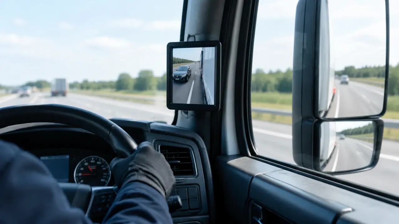 Side-view camera monitor mounted inside a truck cab showing the adjacent lane