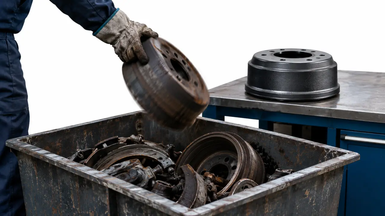 Old brake parts dropped into a scrap bin in a truck shop