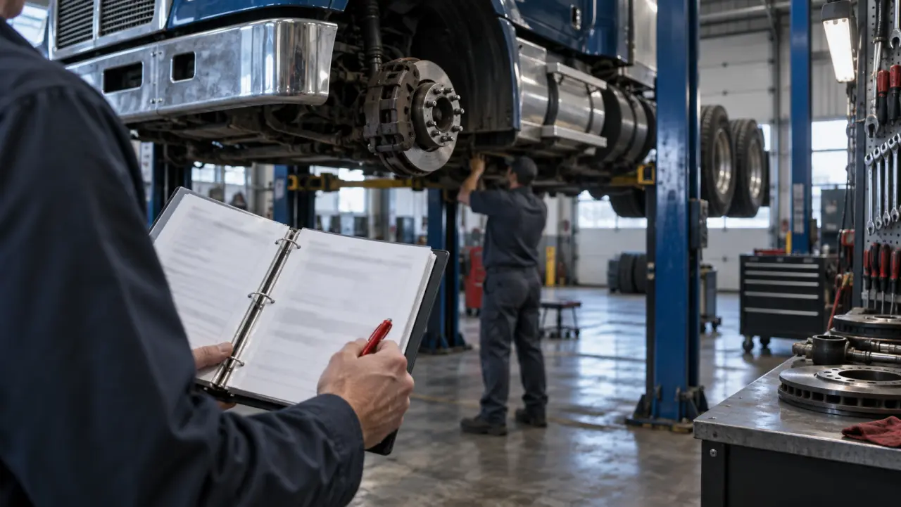 Maintenance manager reviewing a service log beside a lifted truck in a repair bay