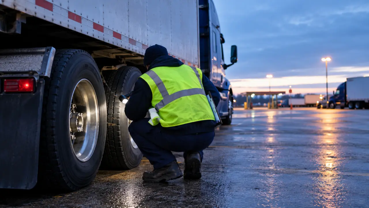 Driver doing a pre-trip inspection with a flashlight at a semi-truck wheel at dawn