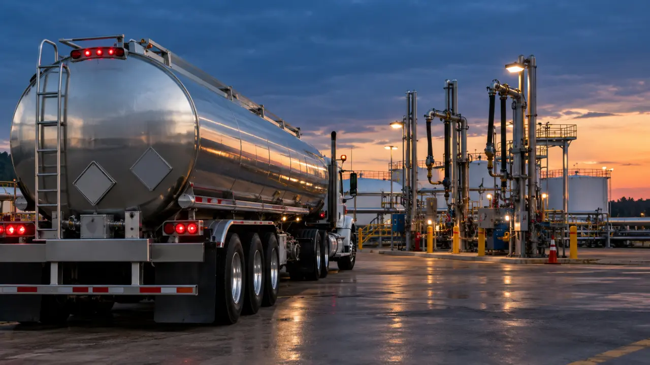 Tanker truck with blank hazard placard frames parked at a fuel terminal at dusk