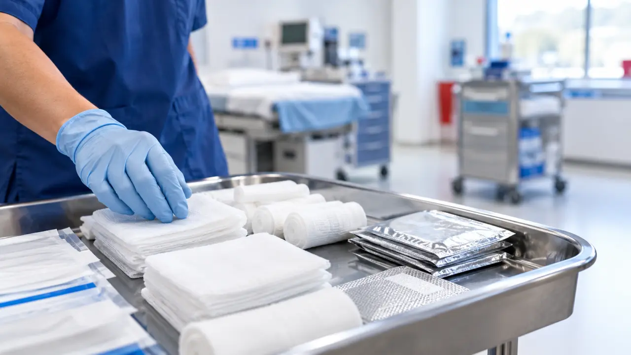 Burn center treatment room with sterile dressing supplies laid out on a tray