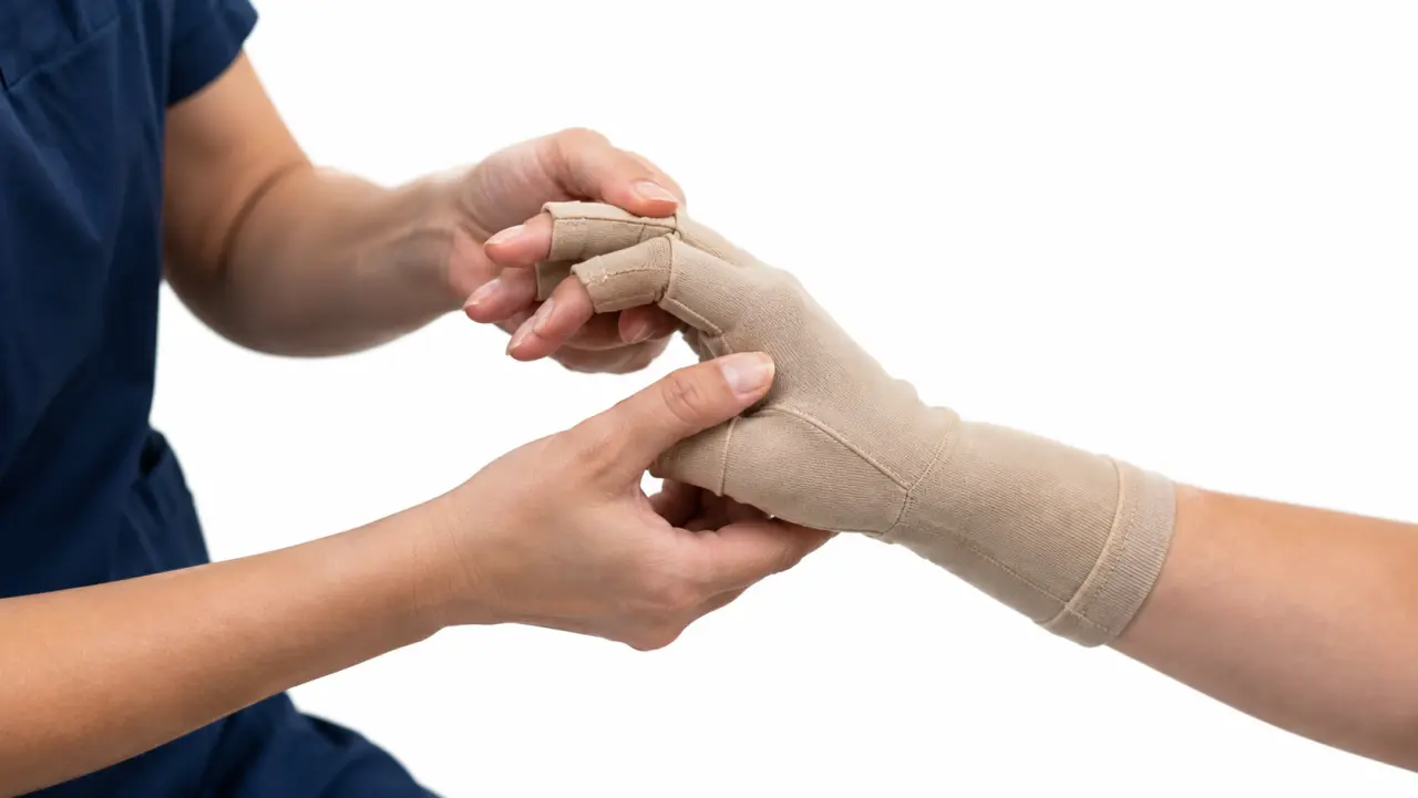 Physical therapist stretching a patient's hand wrapped in a compression glove