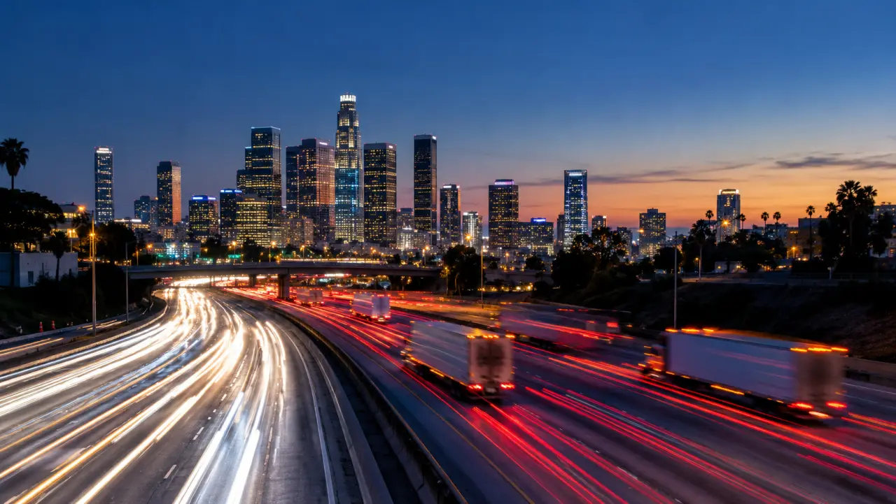 Downtown Los Angeles skyline at blue hour above a freeway with streaking truck light trails