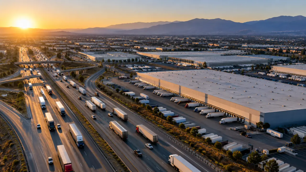 Aerial view of tractor-trailers on an Inland Empire freeway interchange beside large warehouse distribution centers