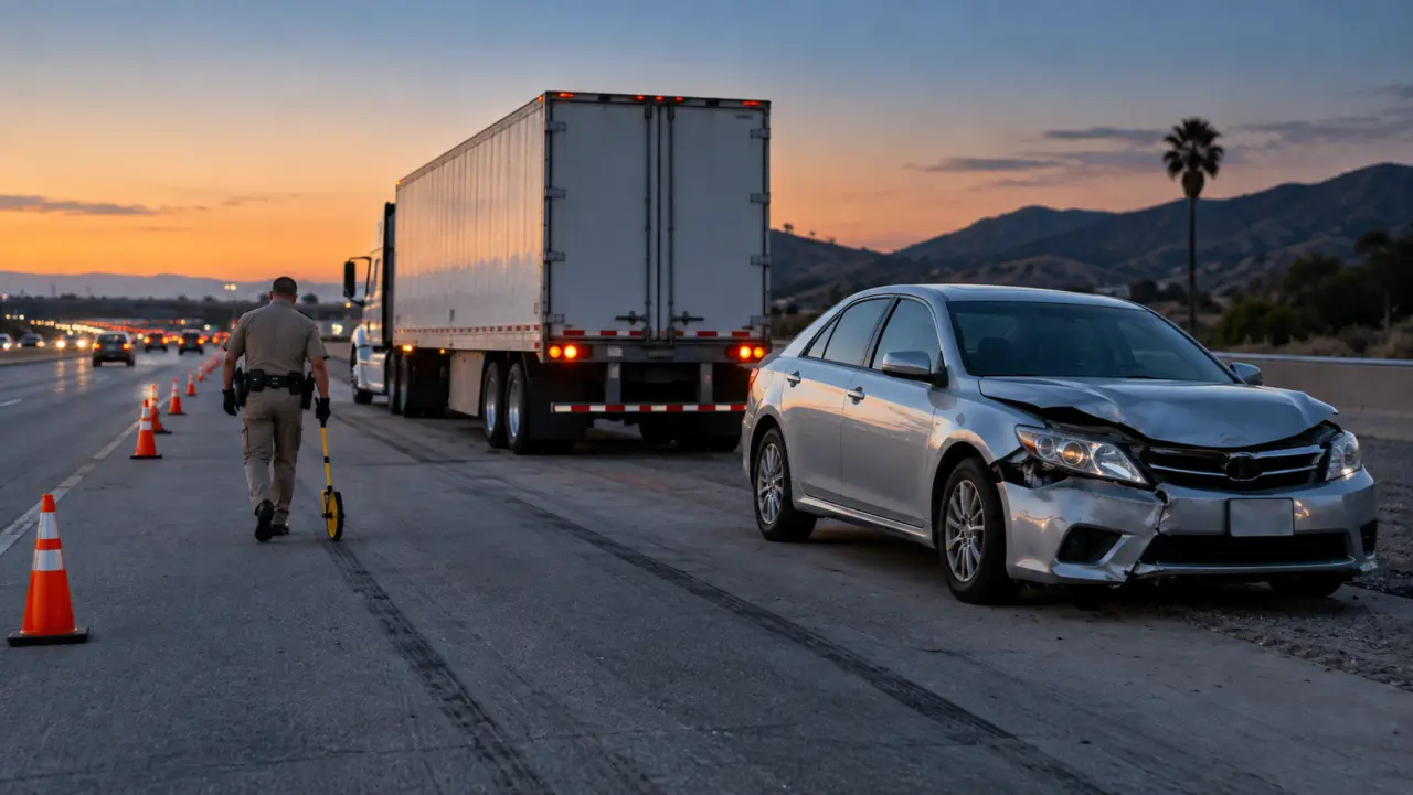 Investigator measuring skid marks beside a stopped tractor-trailer and a damaged sedan on a California freeway shoulder at dusk