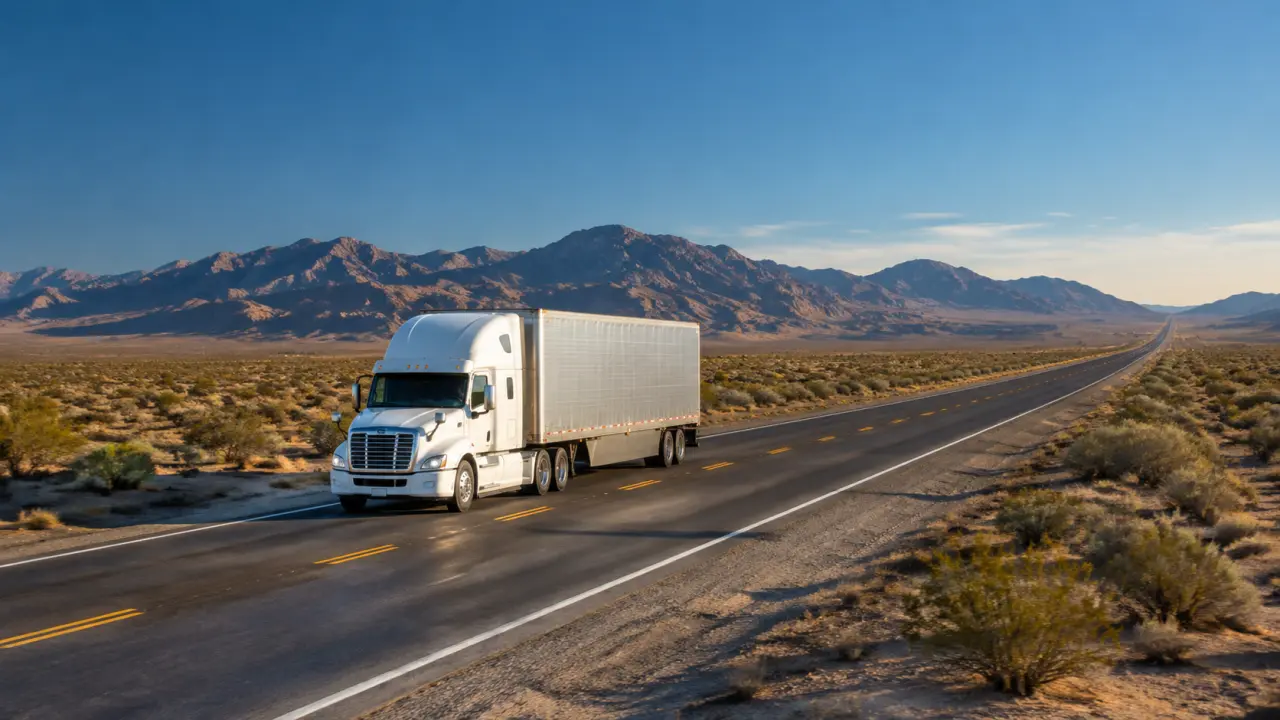 Lone semi-truck on a straight desert interstate in eastern California heading toward distant mountains
