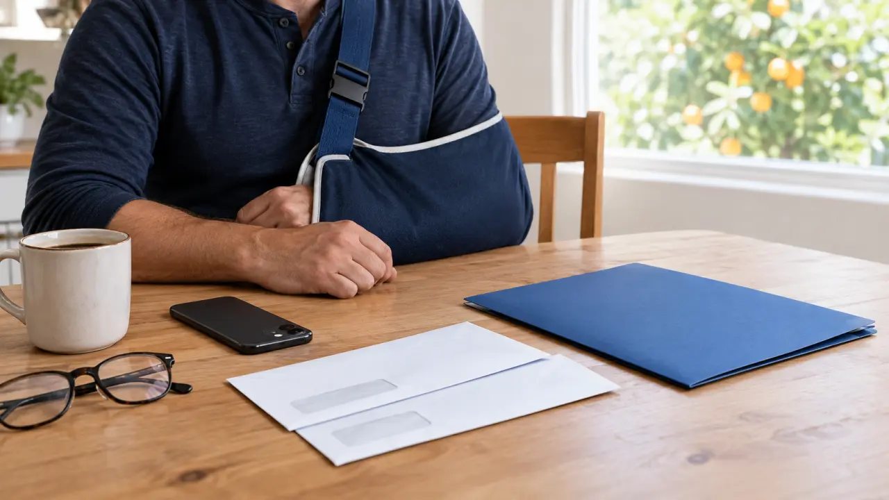 Person at a kitchen table pausing with a phone face-down beside unopened insurance mail and a hospital discharge folder