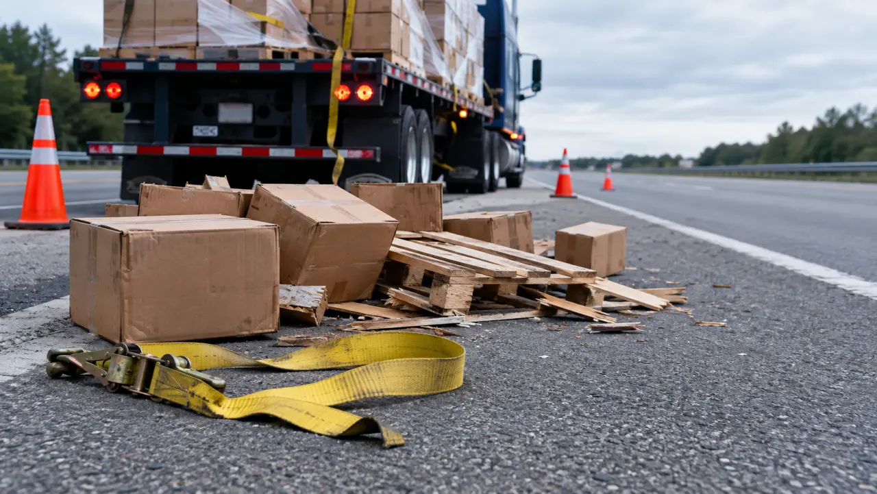 Snapped cargo strap and scattered boxes on a highway shoulder behind a stopped truck