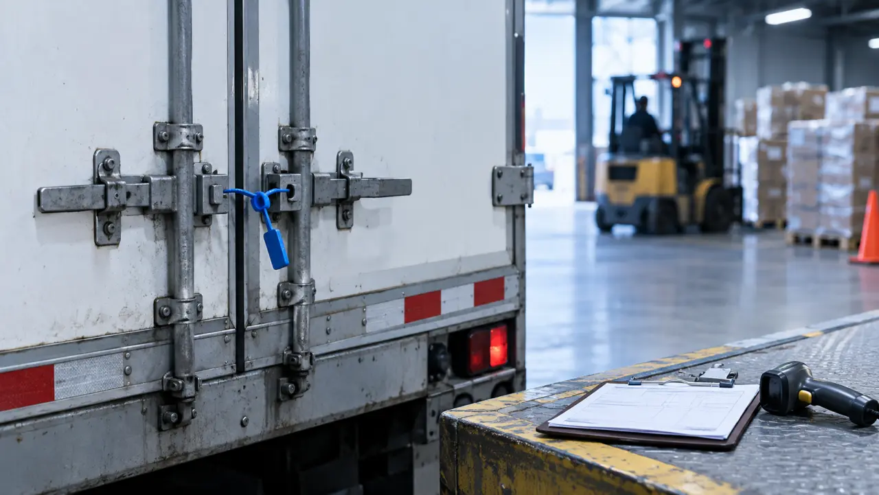 Warehouse loading bay with a sealed trailer door and a clipboard of shipping papers