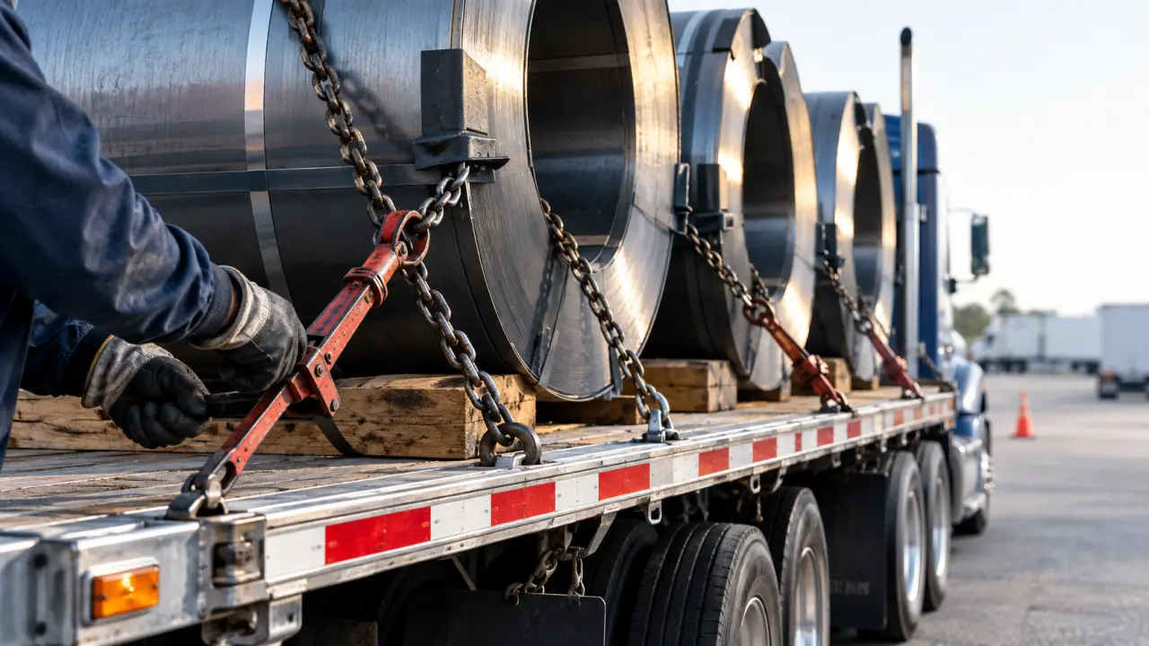 Flatbed load of steel coils secured with chains and binders in morning light