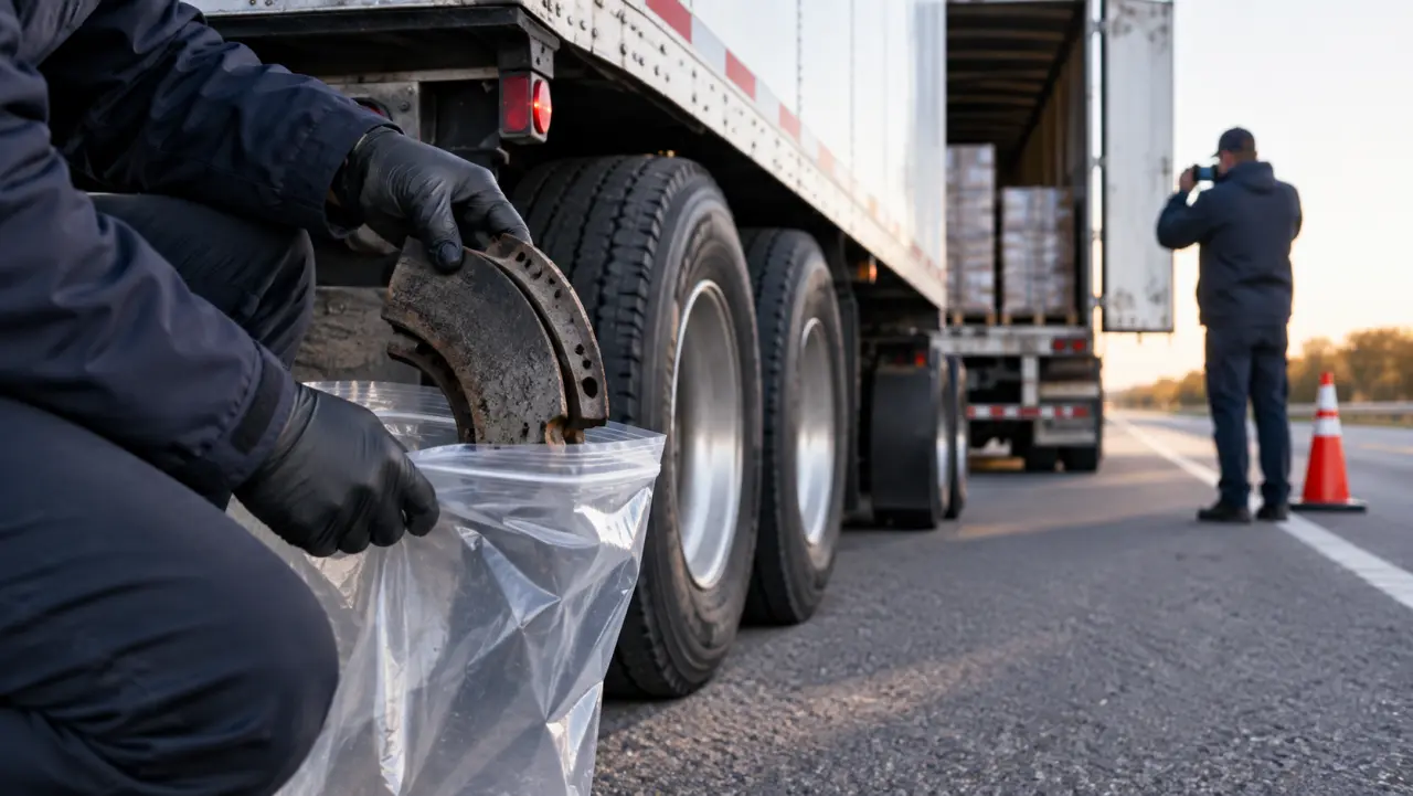 Investigator's gloved hand collecting a brake component beside a stopped trailer while a second person photographs the load