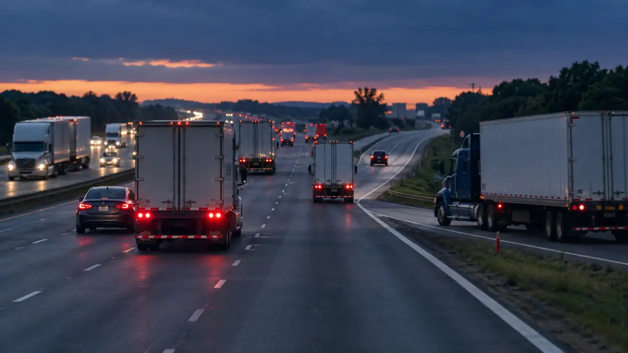 Wide dusk view of a busy interstate with tractor-trailers merging, braking, and changing lanes