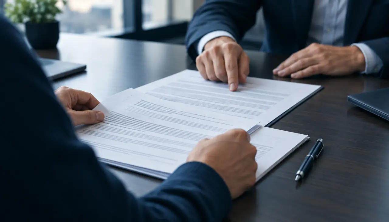 Two people's hands reviewing a multi-page fee agreement across a conference table with a pen beside the pages
