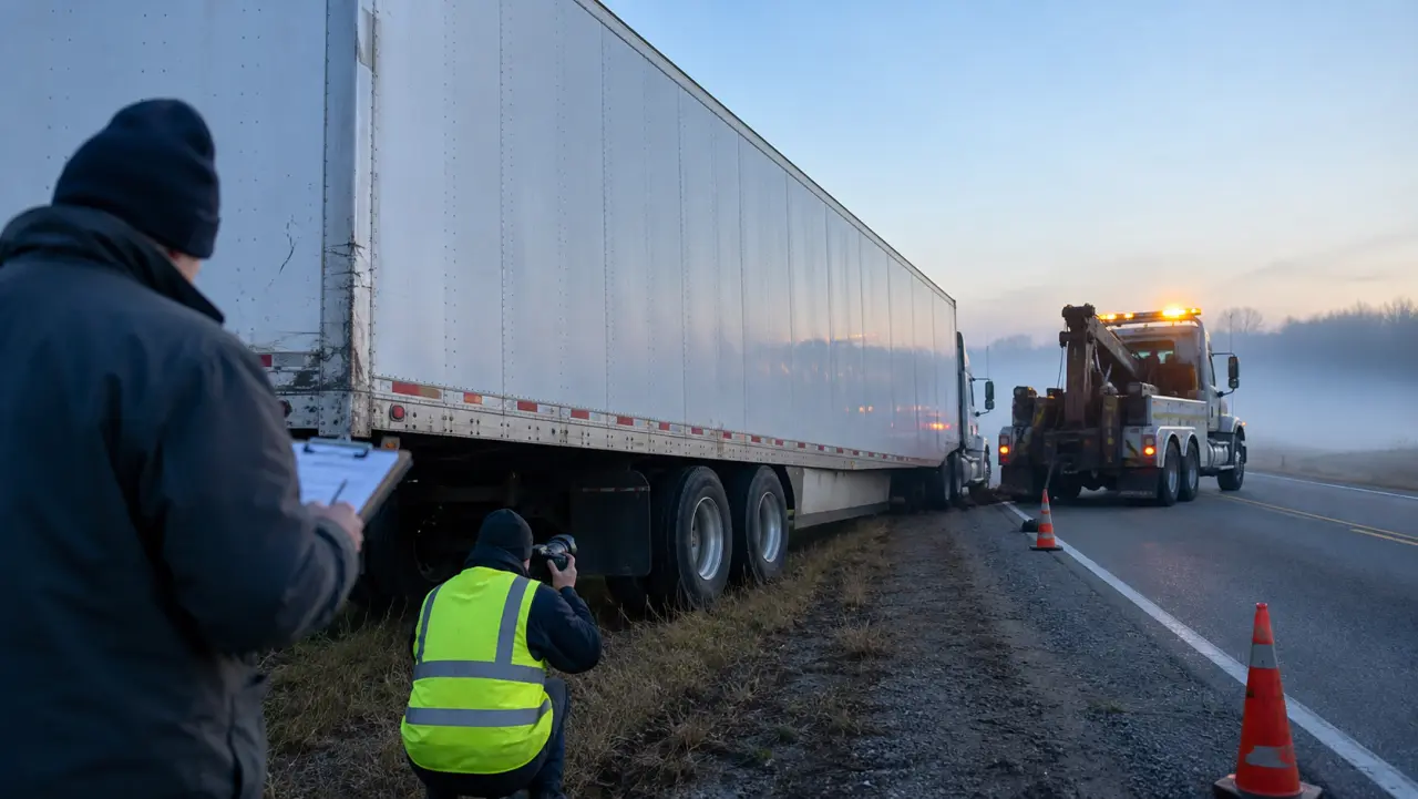 Investigator in a high-visibility vest photographing the wheels of a jackknifed tractor-trailer on a rural highway at dawn