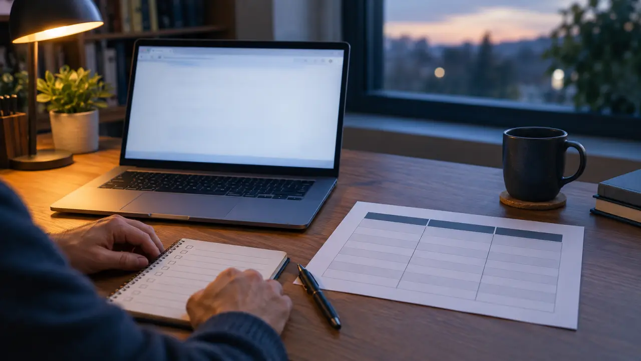 Anonymous person's hands on a home-office desk with a blank checklist notepad and a blank comparison table, comparing law firms side by side