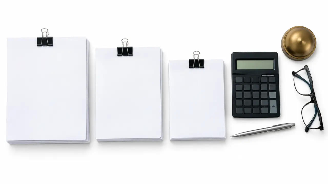 Top-down flat lay of a calculator, three stacks of papers, and a pen on a navy desk blotter