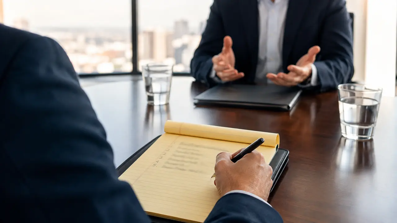 Over-the-shoulder view of a person taking handwritten notes during a consultation across a conference table
