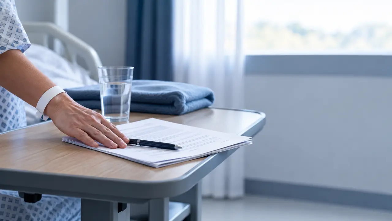 A hand pushing away a pen and contract placed on a hospital bedside tray