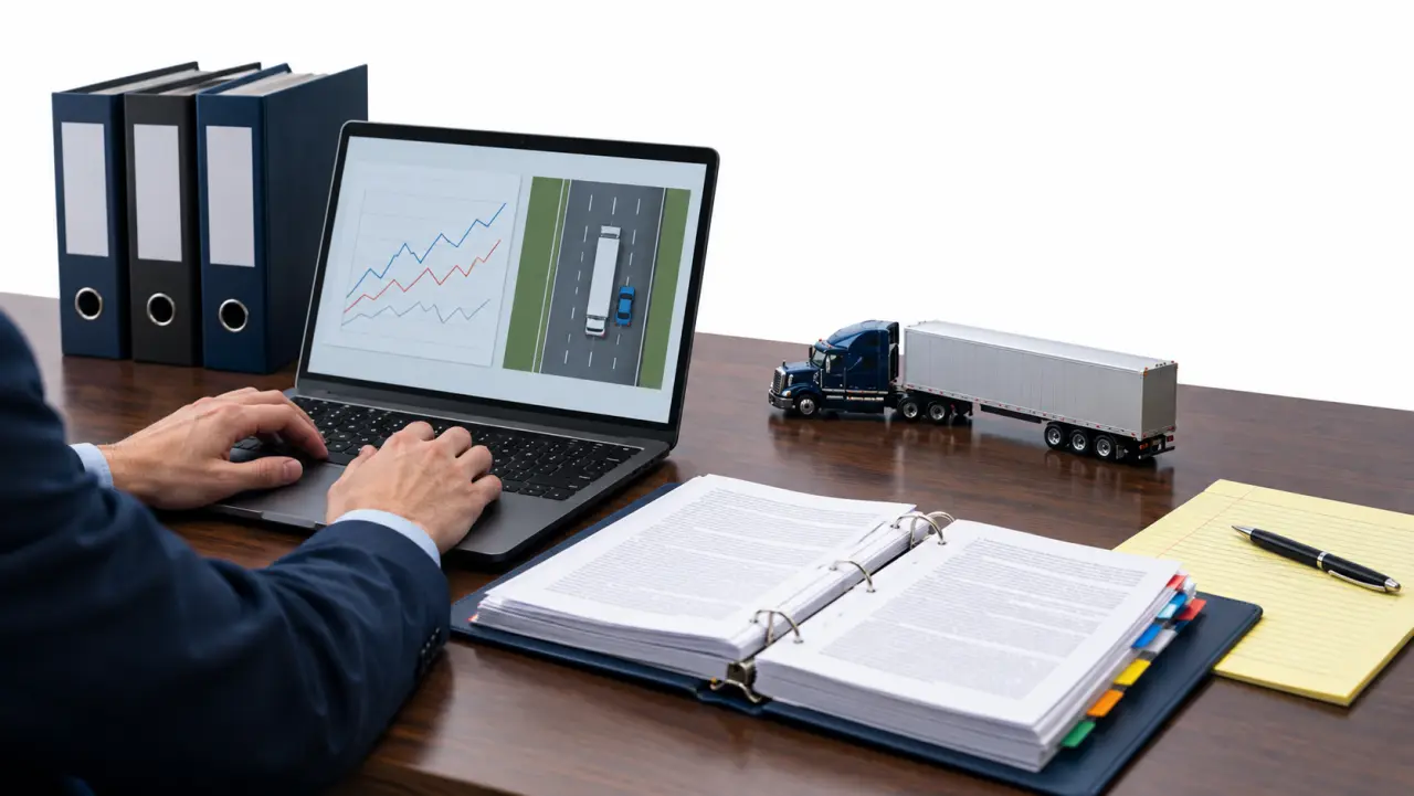 Desk with thick trucking regulation binders, a laptop showing a data chart, and a scale model semi-truck