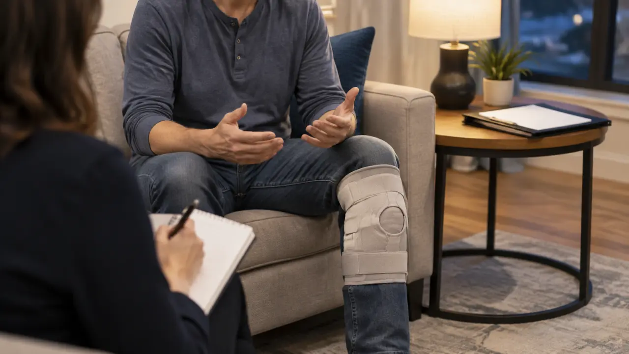 Two people in a private living room conversation, one listening and taking notes, faces out of frame
