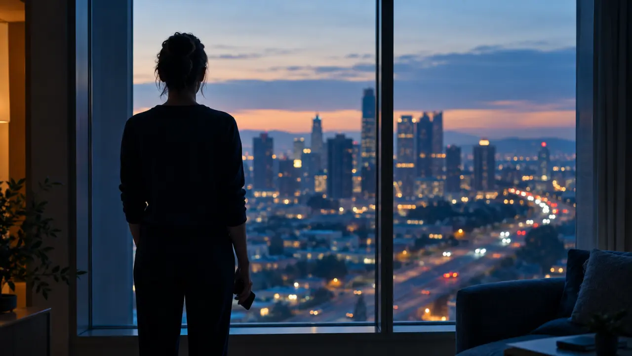 Silhouette of a person at a window at dusk holding a phone, city lights beyond