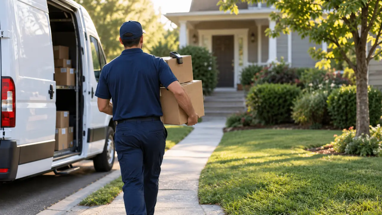 Delivery driver seen from behind carrying packages and a handheld scanner toward a house with a van parked at the curb