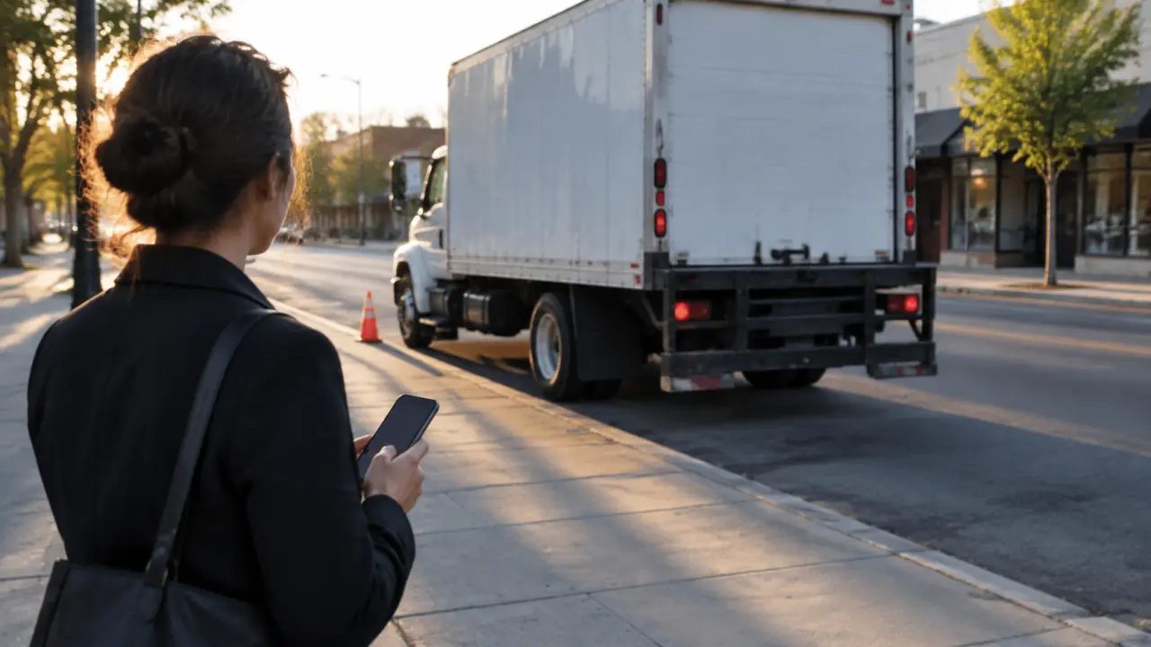 Person on a sidewalk holding a phone and looking toward a parked box truck in late afternoon light