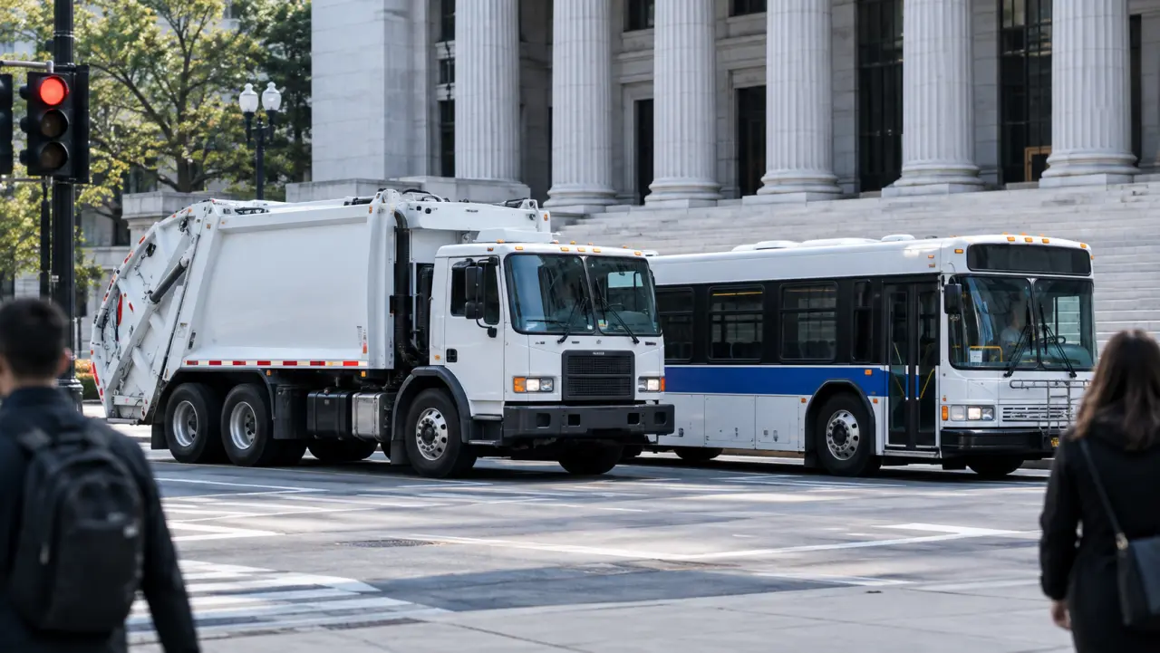 Unmarked city refuse truck and bus at an intersection in front of a columned civic building