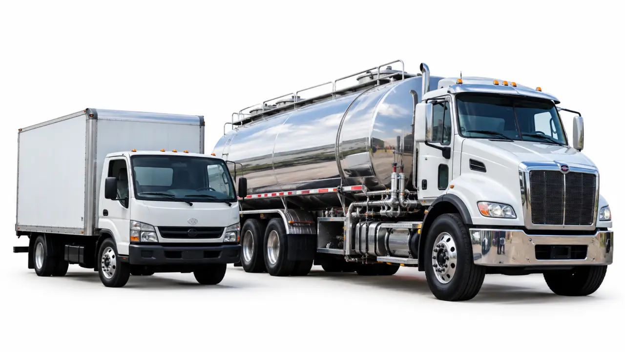 Small box truck parked beside a much larger tanker truck at a fuel depot
