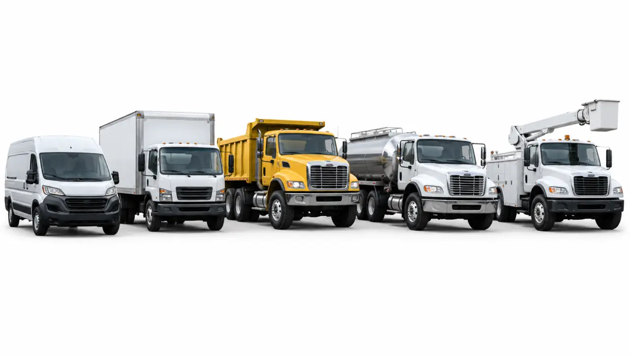 Row of different commercial vehicles side by side: box truck, delivery van, dump truck, tanker, and bucket truck