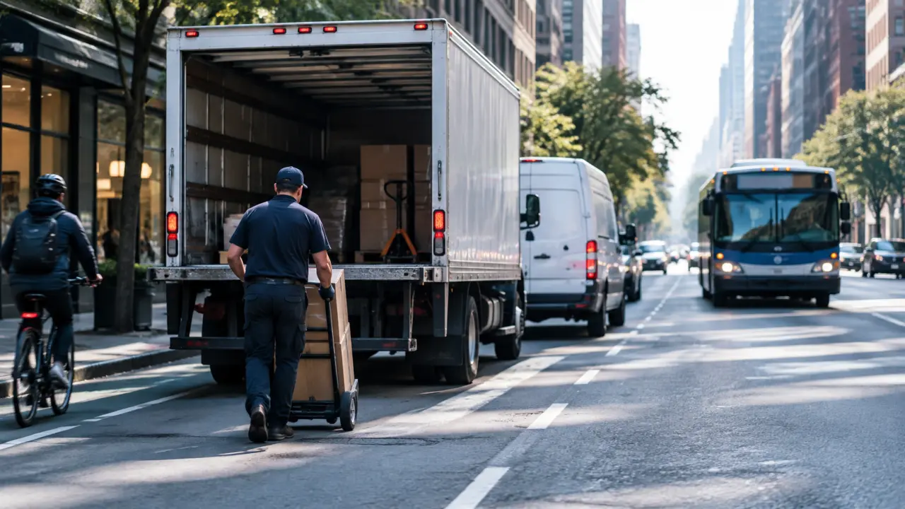 Busy city street with a box truck unloading, a delivery van, a city bus, and a cyclist