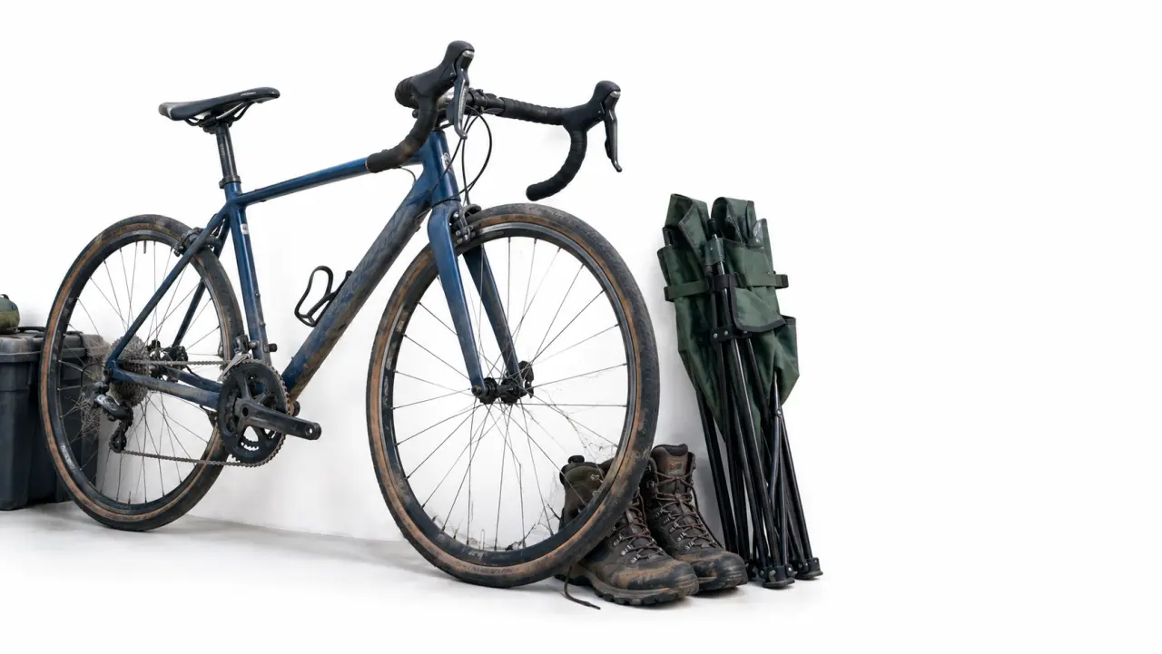 Bicicleta sin usar y botas de montaña acumulando polvo en el rincón de un garaje