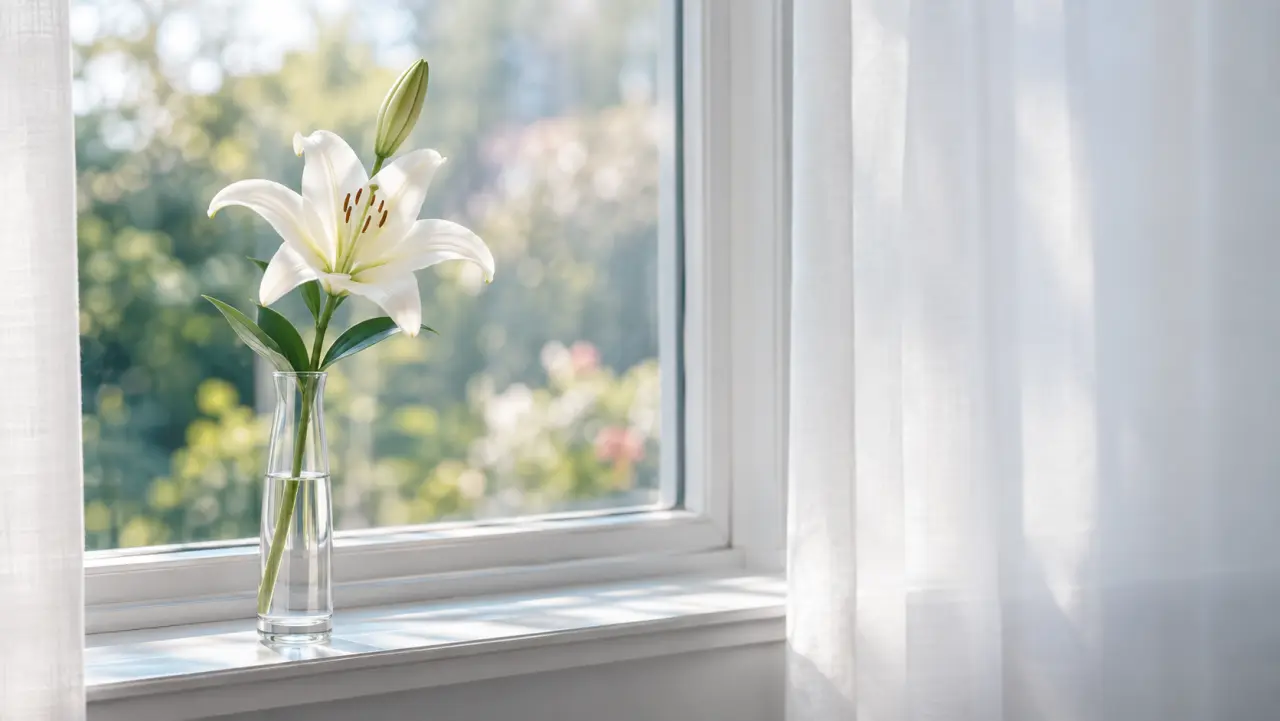 Un solo lirio blanco en el alféizar de una ventana con luz suave de la mañana