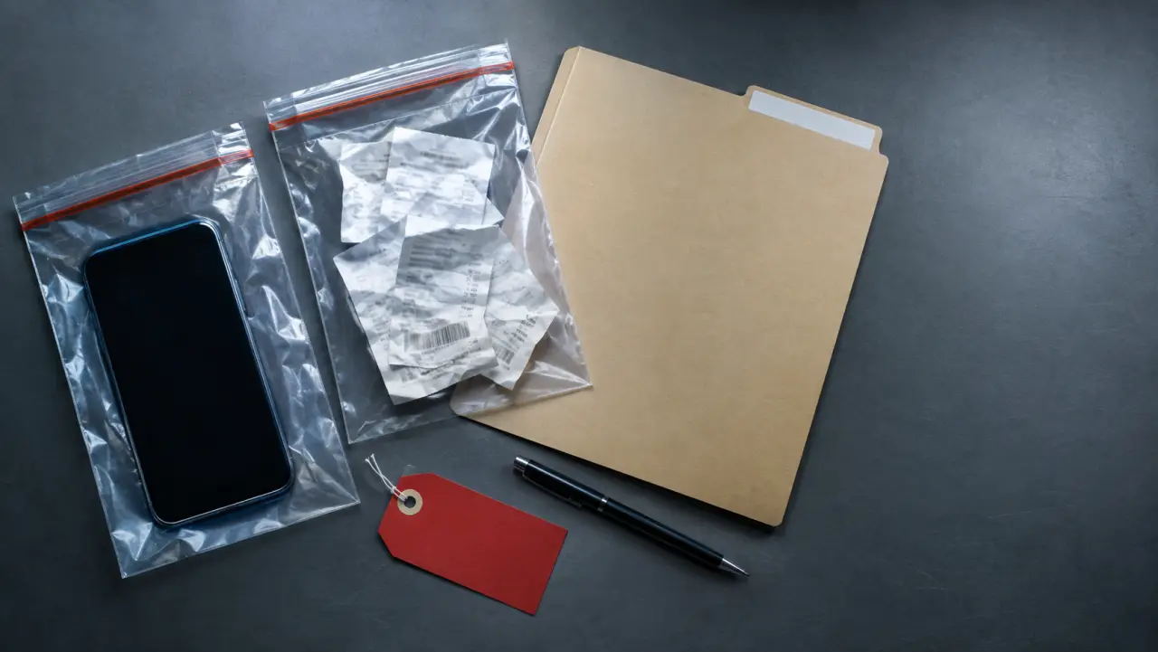 Evidence bags with a phone and receipts on a table beside a lab report folder