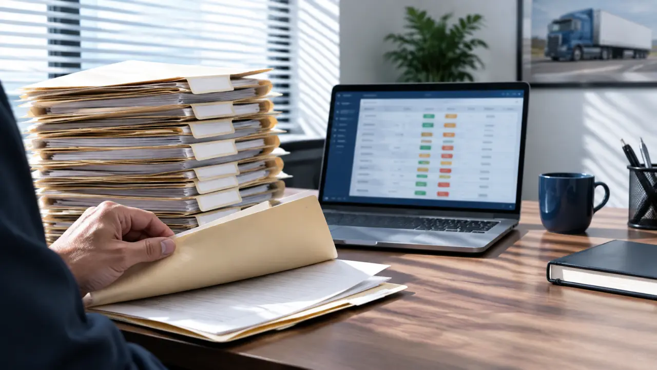 Hiring manager's desk with a stack of driver files and a laptop showing a background check screen