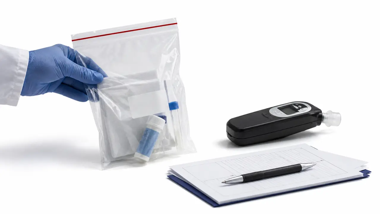Sealed specimen collection kit and breath testing device on a clinic counter