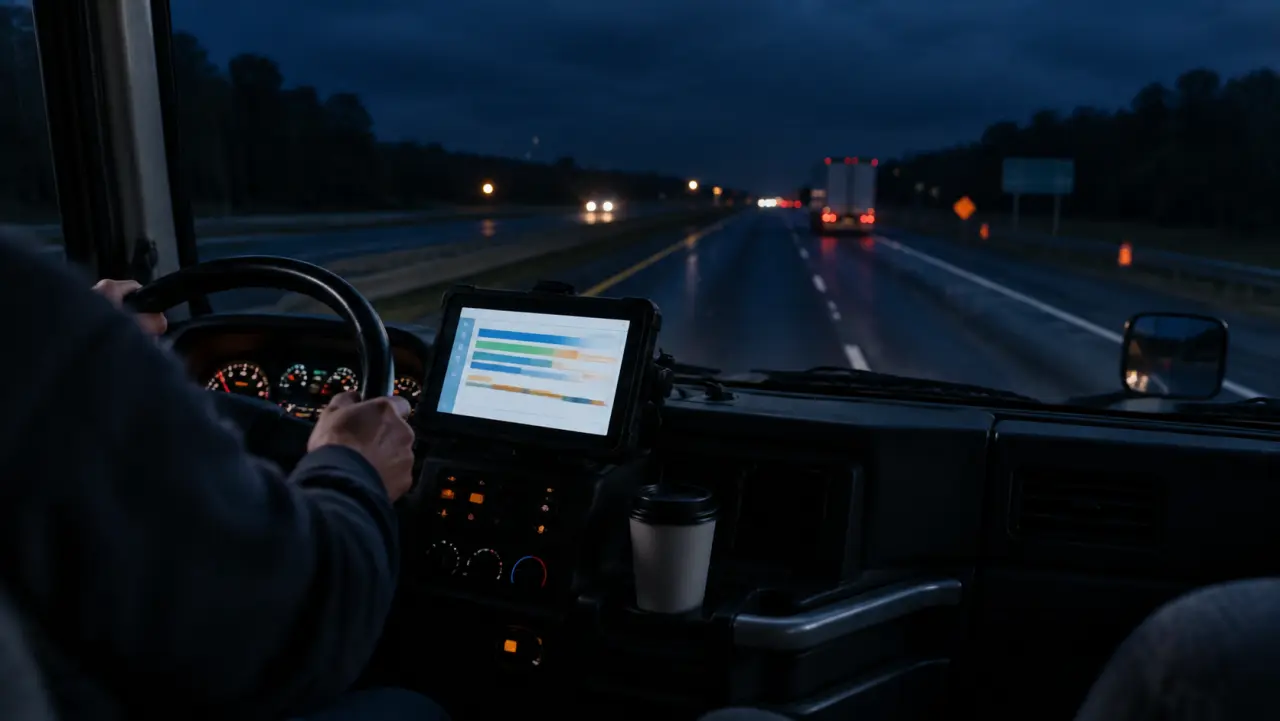Semi-truck cab at night with a glowing logging tablet and an empty coffee cup, highway lights through the windshield