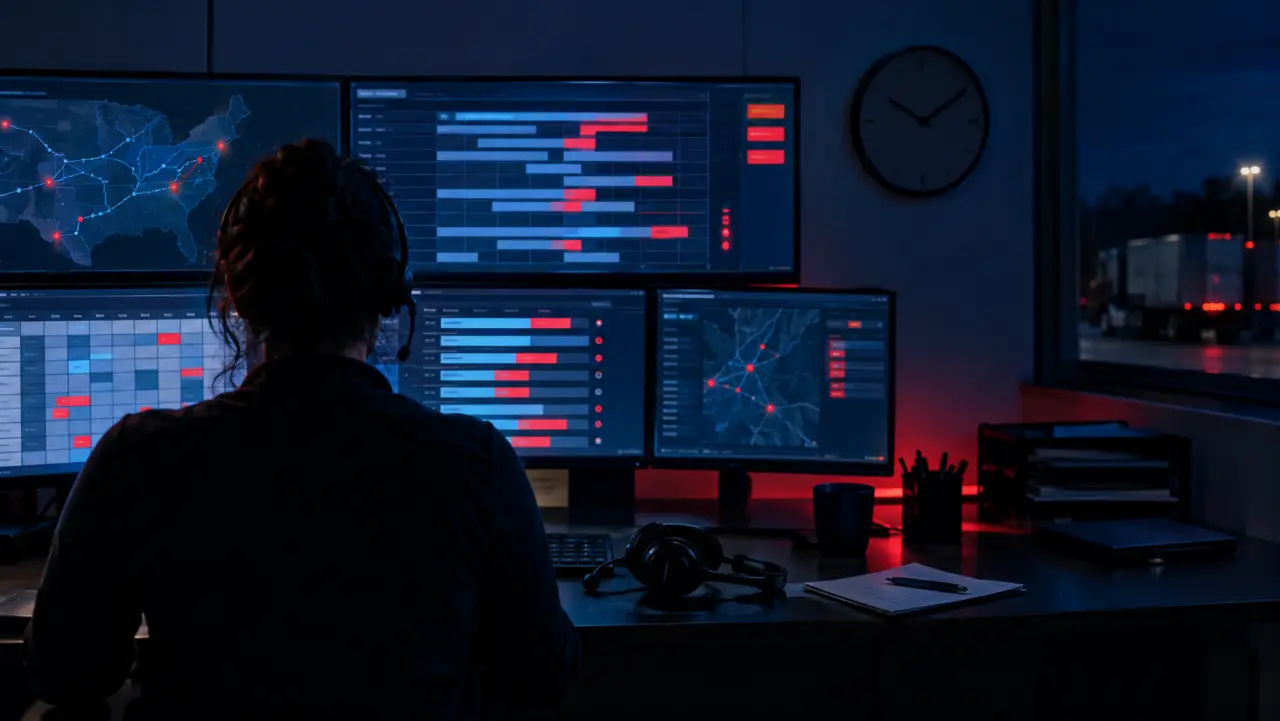 Trucking dispatcher silhouette at a wall of delivery schedule screens late at night
