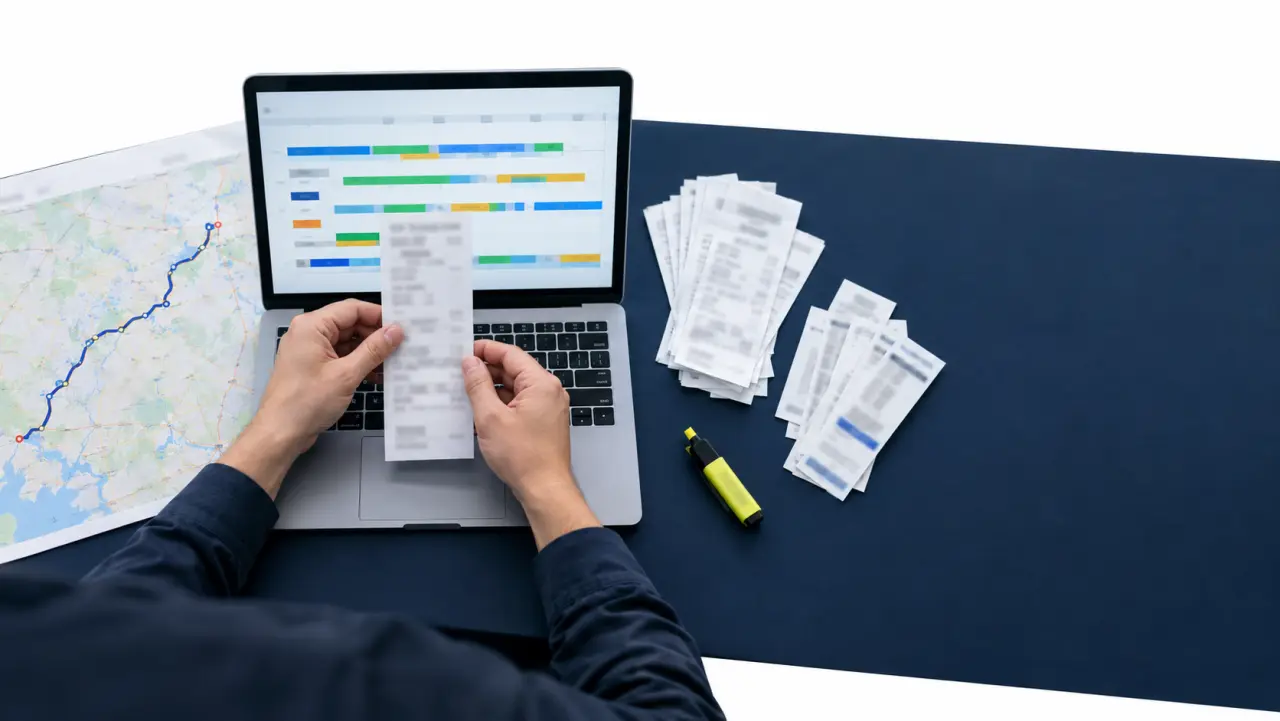 Desk with fuel receipts, toll records, a GPS route map, and a laptop timeline being cross-checked