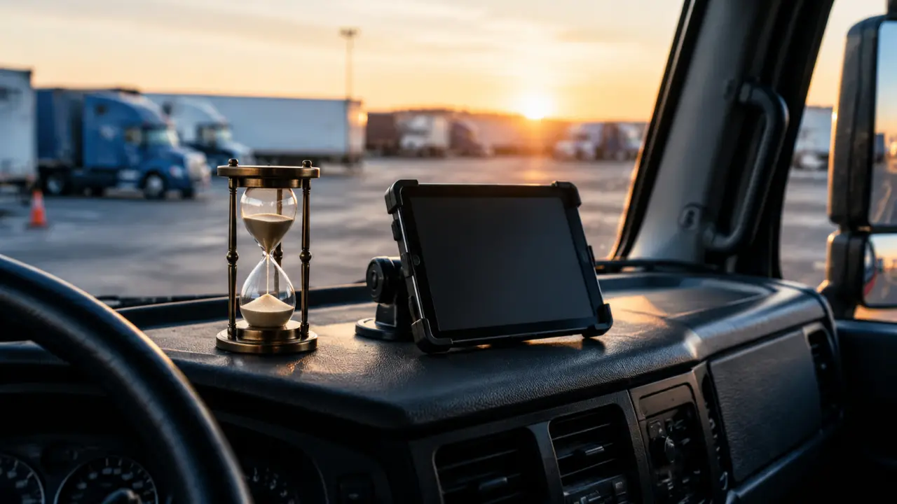 Hourglass on a truck dashboard beside a logging device at dawn