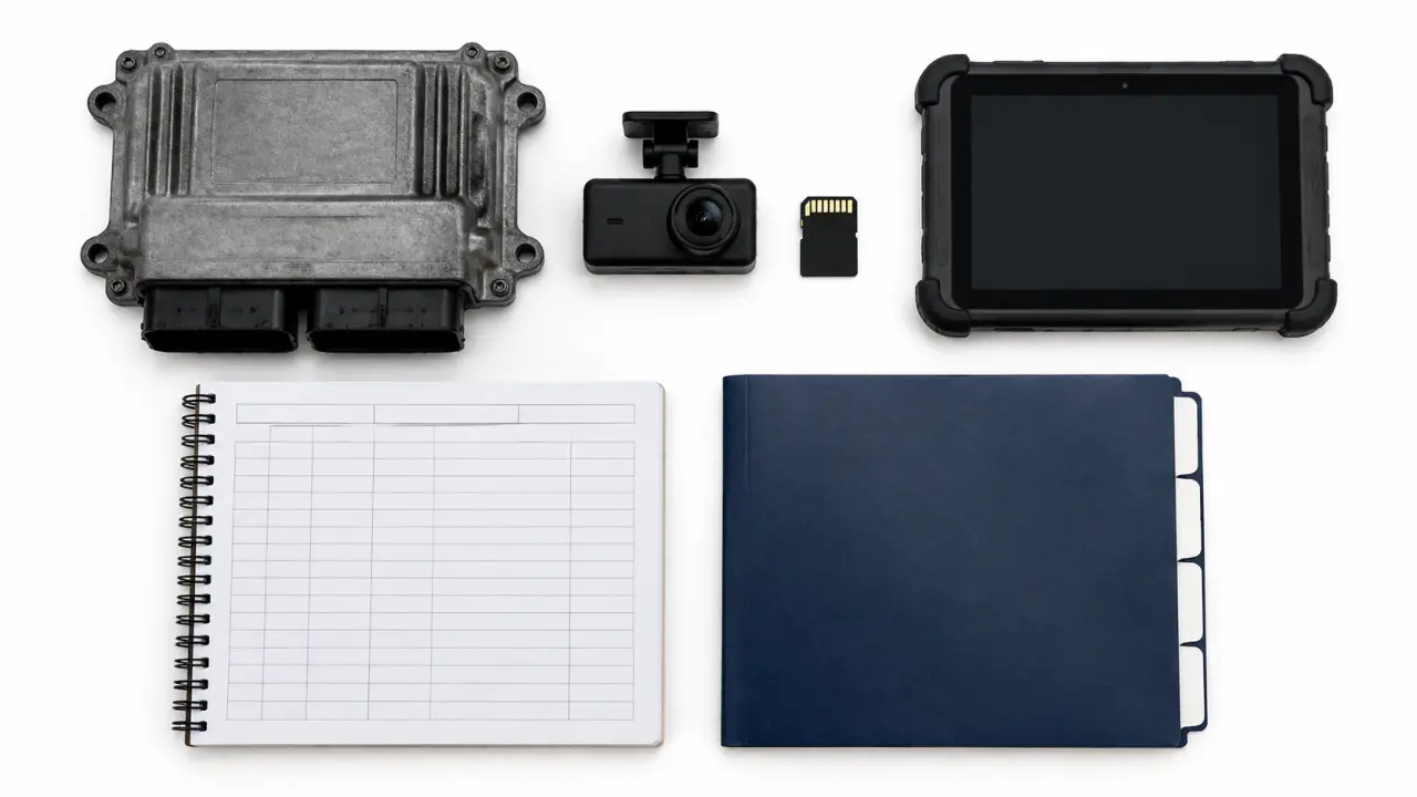 Flat lay of an engine control module, dashcam, memory card, logbook, and maintenance folder